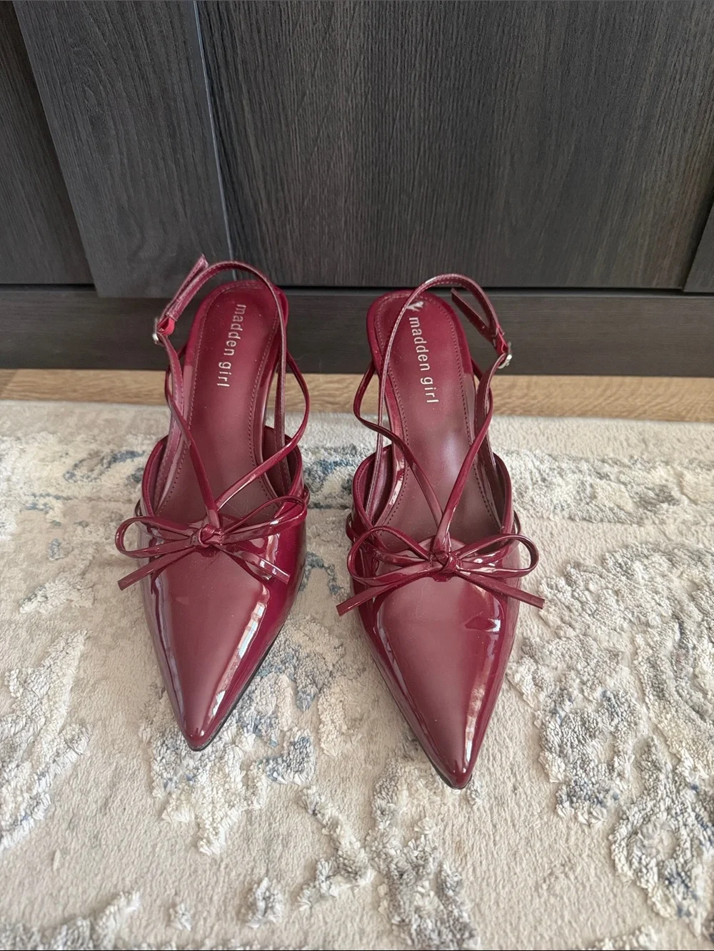 Madden Girl Burgundy Patent Pointed Slingback Heels with Bow